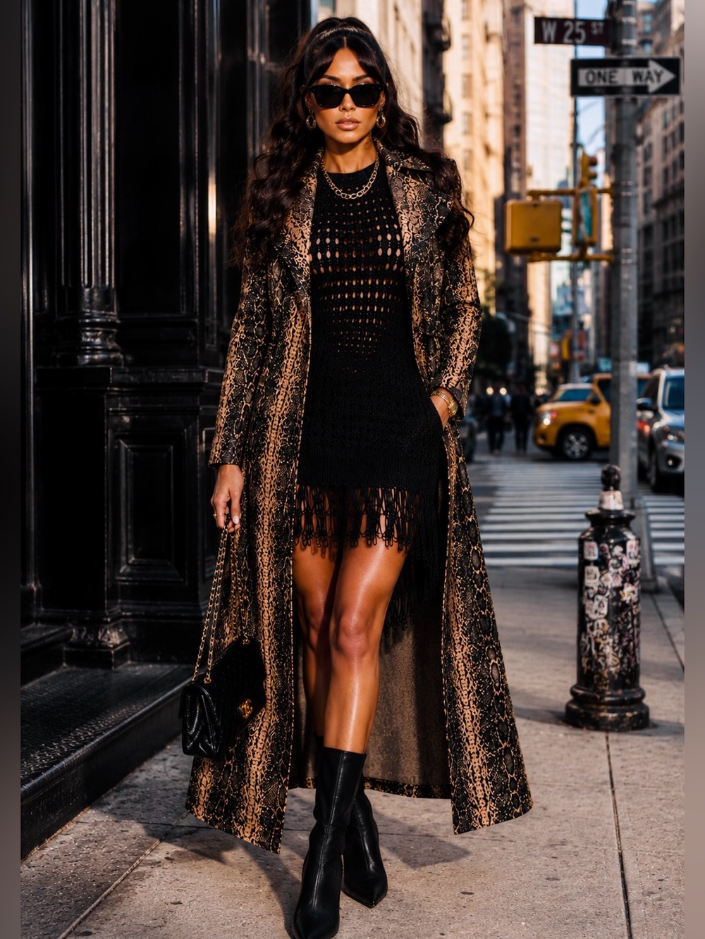 Shinestar Faux Snakeskin Animal Print Long Duster Coat Belted XL